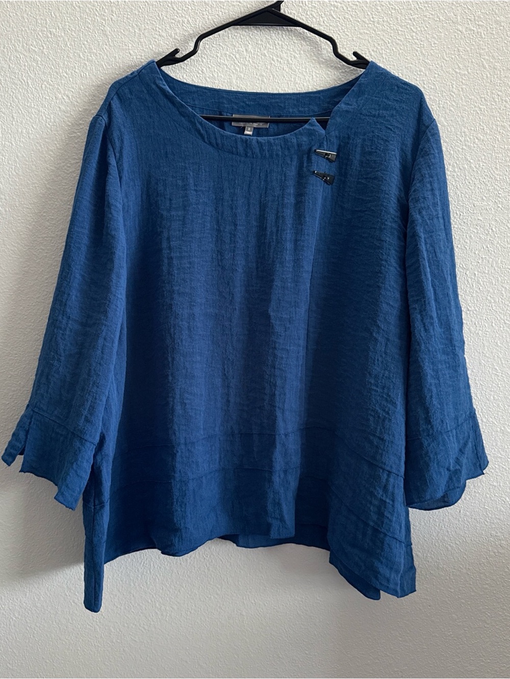 Habitat XL Blue Tunic Top Asymmetrical Neck 3/4 Sleeve Minimalist Blouse